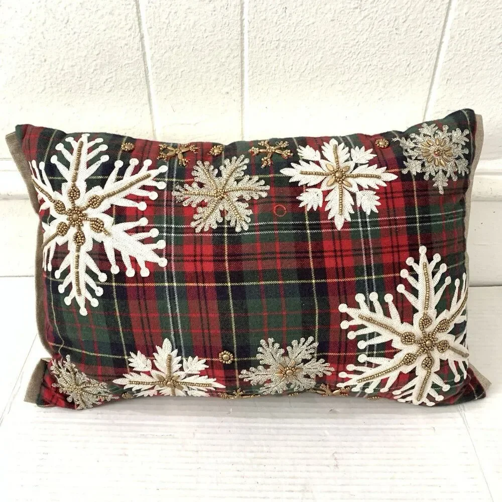 Pier 1 Throw Lumber Pillow Christmas Holiday‎ Embroidered Snowflakes Beads Plaid
